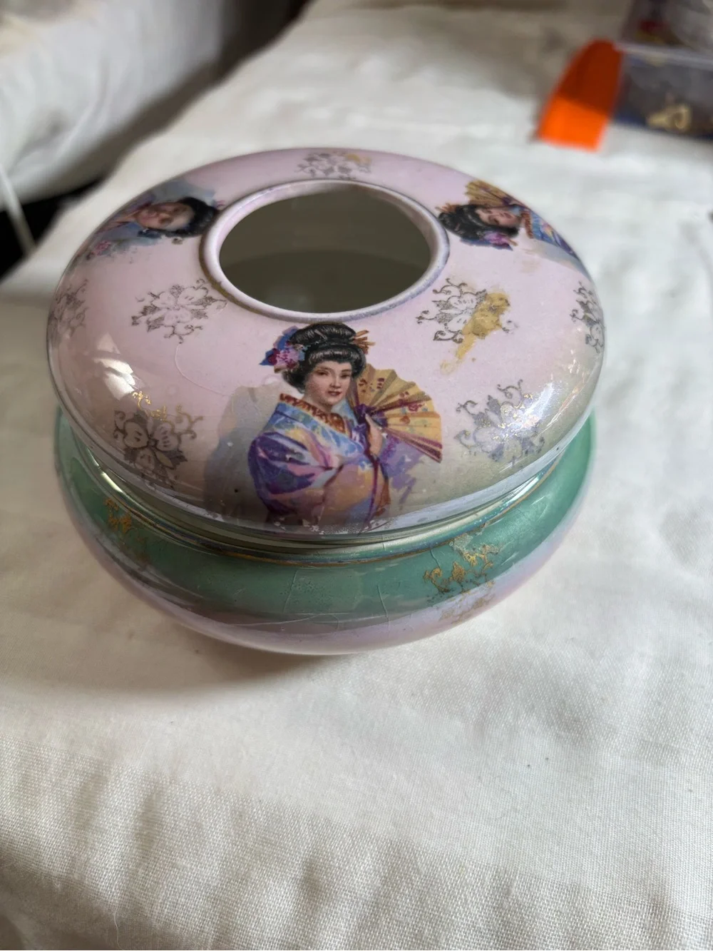 Decorative Pink and Green Porcelain Lidded Jar - Elegant Asian Motif with scarf